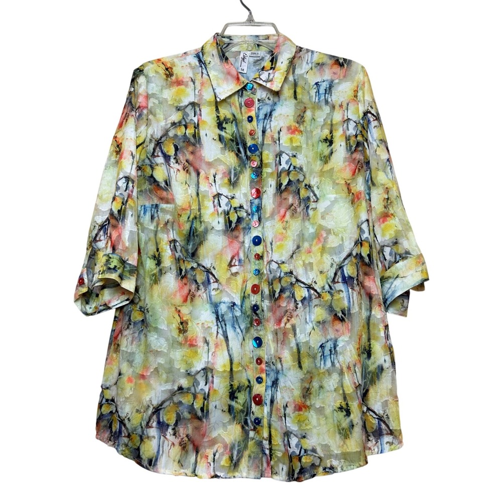 Colorful Button Up Women Medium Yellow Floral Sheer Burnout Abstract Art Boho